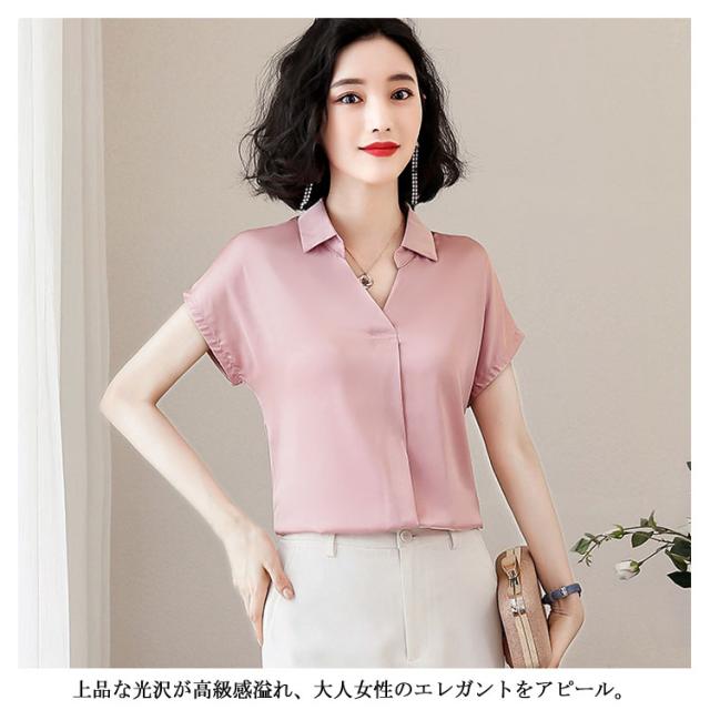 半袖ブラウス フレンチスリーブ サテンブラウス 光沢 シフォン 透けるブラウス ノースリブラウス シースルー サテンシャツ OL 日本製 caaa0263-06.jpg