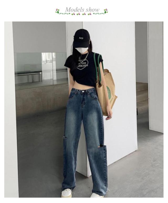 ワイドパンツ デニム サイドカット ダメージ 無地 韓国 m6704 ワイドパンツ デニム サイドカット ダメージ 無地 韓国 m6704
