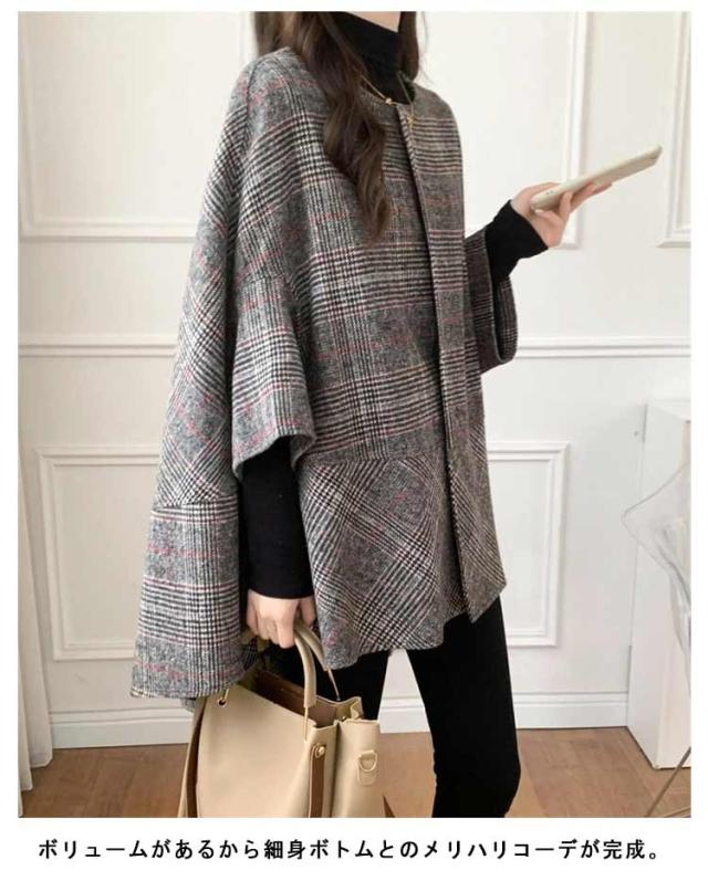 Aライン マント ポンチョコート あったか レディース チェック柄