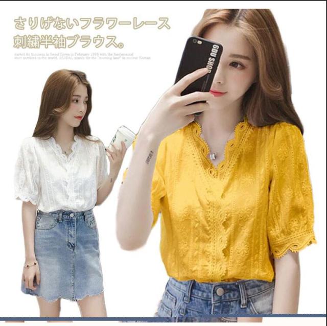 人気 半袖 使える ホワイト レース Tシャツ フラワー セール】フラワーレースパフスリーブ半袖Tシャツ（Tシャツ