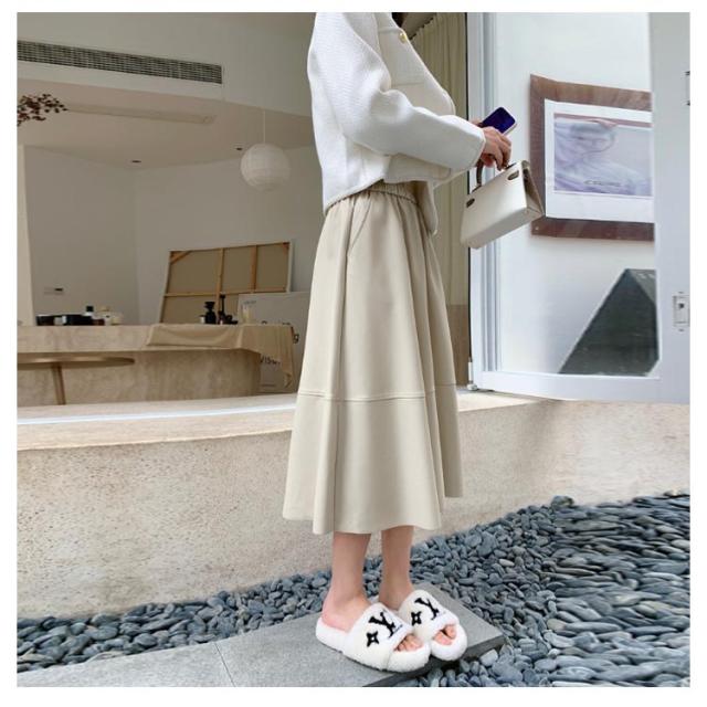 フレアスカート シンプル カジュ ロングスカート 韓国 韓国ファッション レザースカート ロング レザースカート レザー