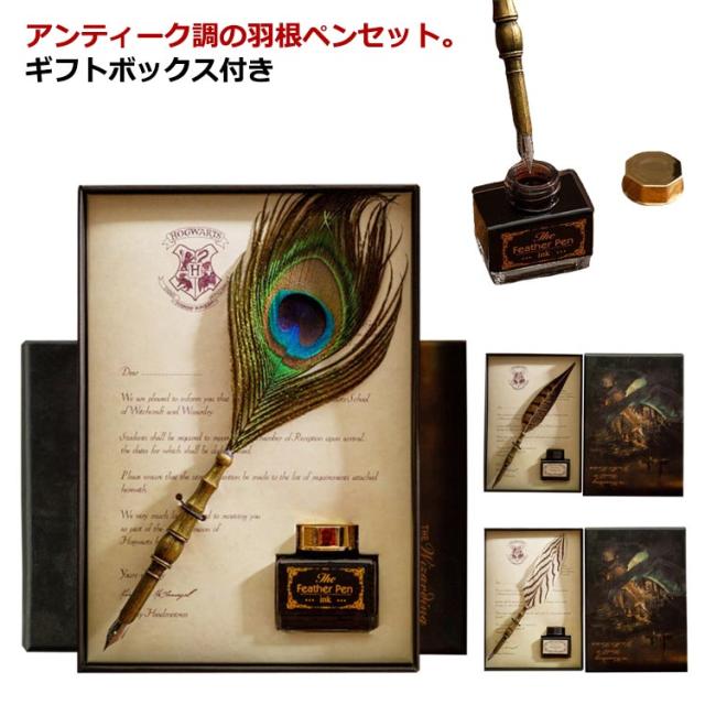 羽根ペン セット 本物の羽 羽ペン インク付き フェザーペン つけ
