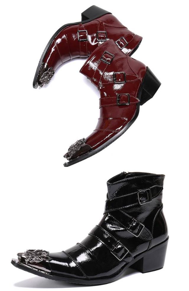 ヒール 2種 ドレスブーツ 2種 本革 エナメル ホストブーツ ベルト ブーツ ショートブーツ ステージ衣装 メンズ ポインテッドトゥ ローヒール お兄系 渋谷系 モード系 3本ベルト ホスト系 紳士靴 ステージ衣装 本革 ドレスブーツ 2種 渋谷系 ベルト ヒール ドレス