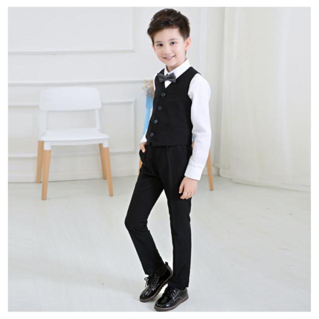 キッズ 男の子 洋風 スーツ シャツ ベスト 蝶ネクタイ トップス ボトムス ジャケット 長袖 長ズボン フォーマル 結婚式 ブラック 黒 春夏秋冬 チェック柄 ワイシャツ 蝶ネクタイおまけ！送料無料 5点セット