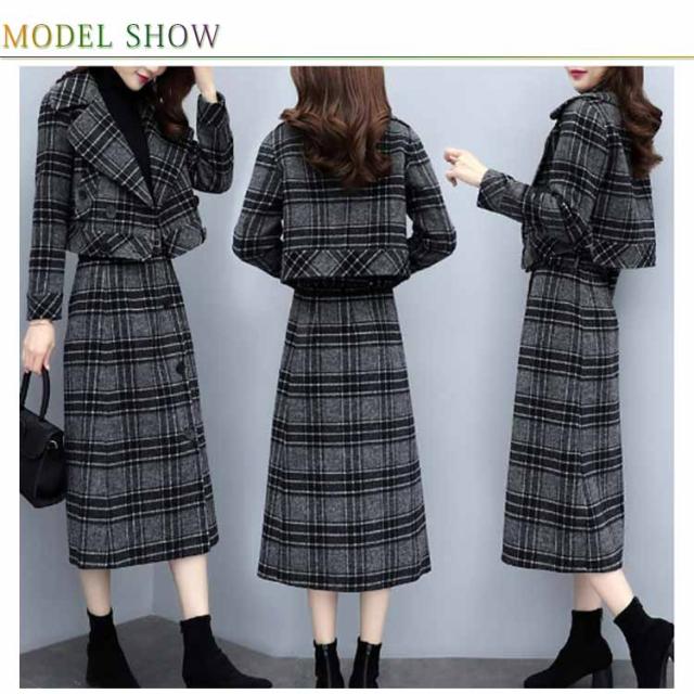 フォーマルスーツ上下セットアップチェック柄ノーカラージャケットスリットスカート セットアップ レディース スカートスーツ ジャケット テーラードカラー