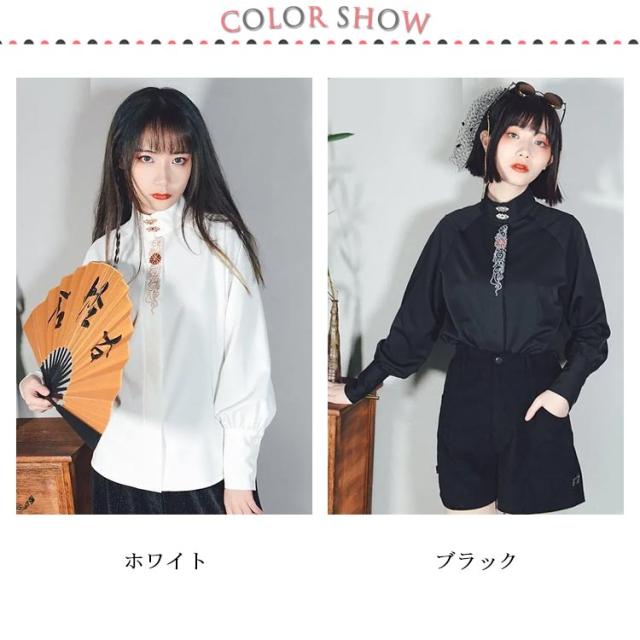ブラウス レディース 前立て 刺? 菊柄 シャツ 長袖 トップス