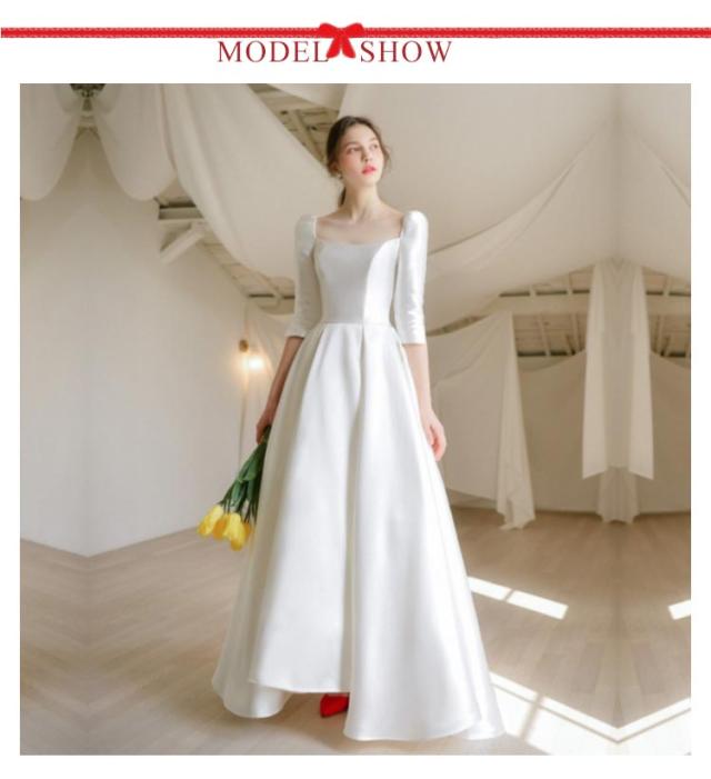 ウエディングドレス ウェディングドレス 袖あり 長袖 七分袖 ドレス Aライン スクエアネック ドレス ロング 花嫁ドレス 白 ホワイト ブライダル 撮影 海外挙式 ウエディングドレス ウェディングドレス 袖あり 長袖 七分袖 ドレス A