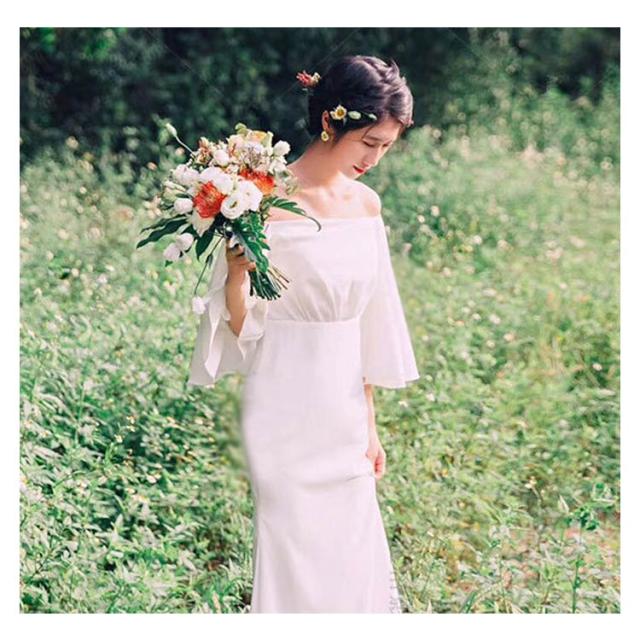 ウェディングドレス 長袖 七分袖 マーメイドライン トレーン付きドレス