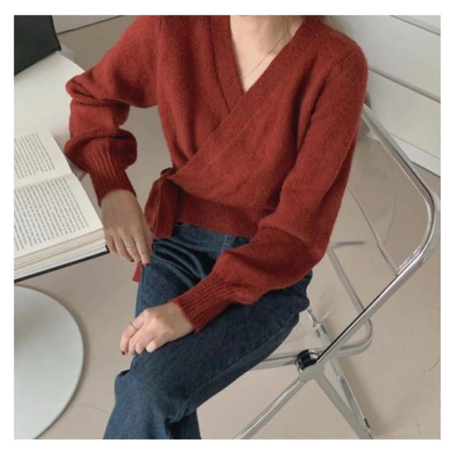 ニットカーディガン ショート丈 カシュクール ニットトップス 羽織り