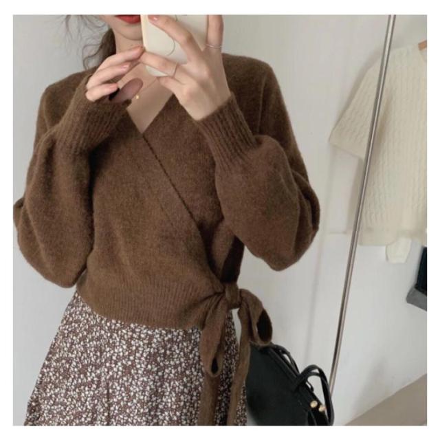 ニットカーディガン ショート丈 カシュクール ニットトップス 羽織り