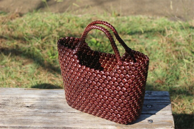 牛革 革編み込み 山葡萄風 六角花結び編み かごバッグ 籠 BAG