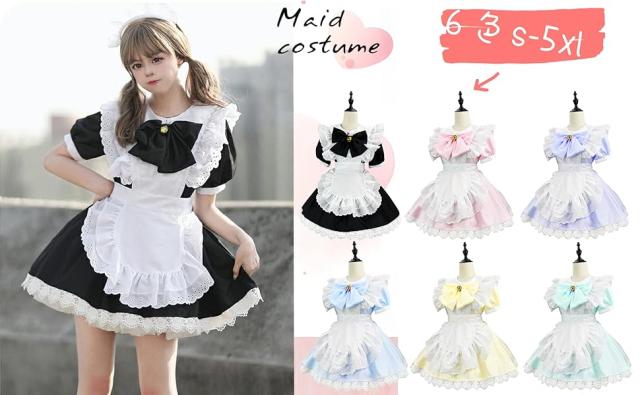 メイド服 ピンク パープル ブルー 水色 グリーン イエロー ブラック コスプレ 大きいサイズ