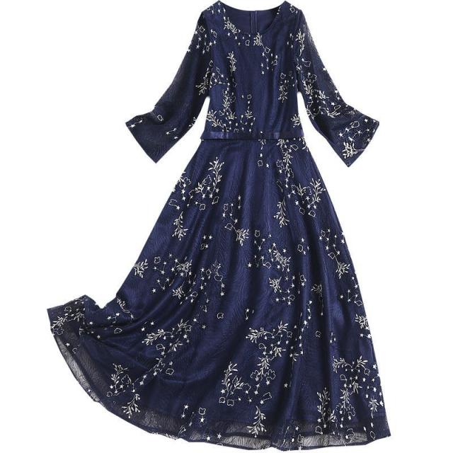 初売りセール ワンピース ボタニカル柄 ラウンドネック 7分袖 とろみ ウエストマーク ロング丈 刺繍 キュート 上品 女子会 クール デート 休日スタイル 国内正規品 限定 Www Iacymperu Org