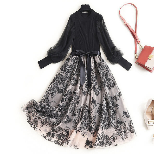 半額品 ワンピース パーティー 安い 可愛い ロングワンピース ニット 長袖 花柄 刺繍 式 デート ディナー 売り切れ必至 Teammedellin Co