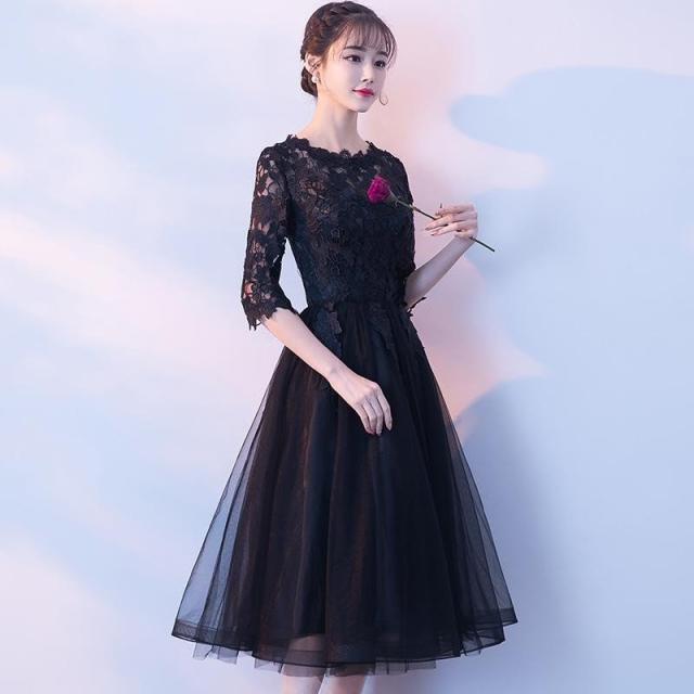 Sale 公式通販 パーティードレス 七分袖 ミモレ丈 黒レース ワンピース 結婚式 披露宴 コンサート カラードレス フィッシュテール ミドル 超特価激安 Www Centrodeladultomayor Com Uy