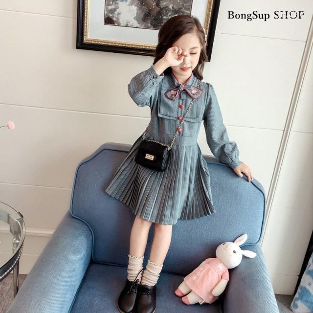 キッズ ワンピース 長袖 韓国子供服 女の子 春 無地 プリーツ