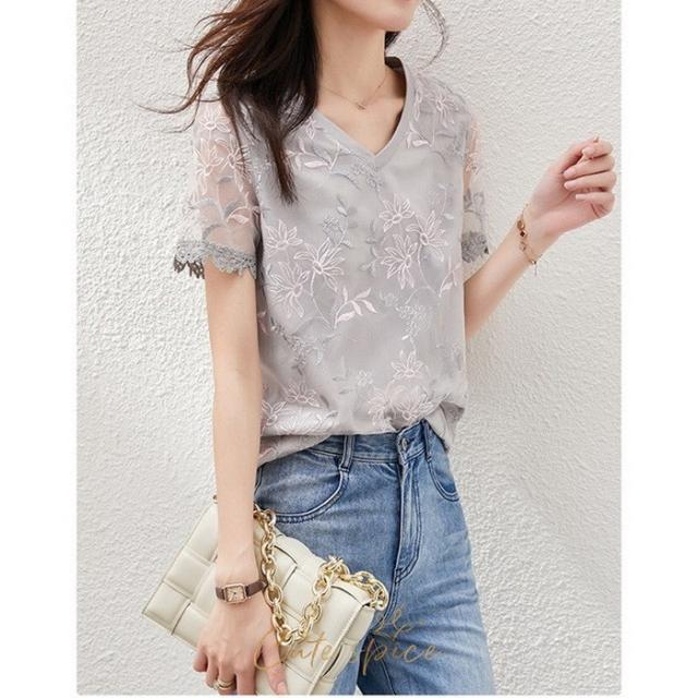 Tシャツ レディース 40代 春夏新作 上品Tシャツ レースブラウス Vネック おしゃれ 花刺繍 半袖トップス カジュアル韓国風 大人 通勤 ゆったりtシャツ 30代50代 Tシャツ レディース 40代 春夏新作 上品Tシャツ レースブラウス
