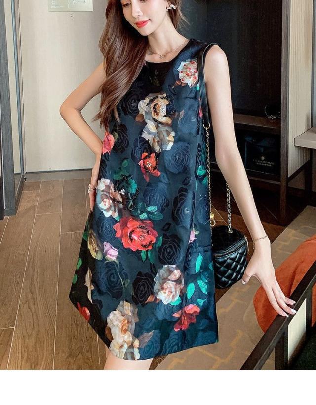 ワンピース ラウンドネック 花柄 総柄プリント ビーズ 膝上 涼しげ 派手 ガーリー 女子会 華美 お出かけファッション きれいめ お出かけ ワンピース ラウンドネック 花柄 総柄プリント ビーズ 膝上 涼しげ