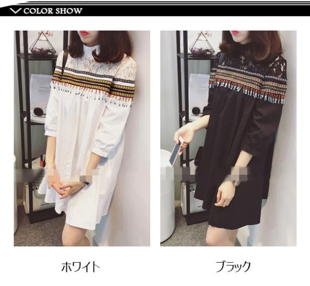 エスニックワンピース　ミニワンピース　長袖ワンピース　プルオーバー　レディース　スタンドカラー　レース切り替え　シースルー　2020春新作 エスニックワンピース ミニワンピース 長袖ワンピース プルオーバー