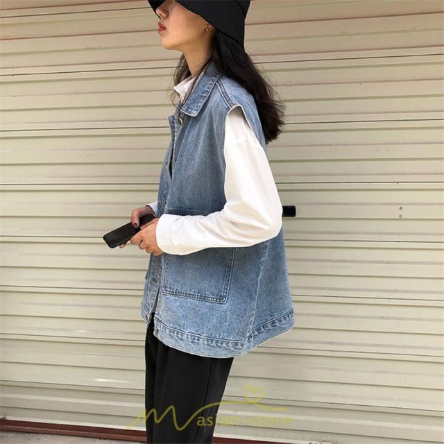 ★ JEANS★ デニムブルゾン シングルブレスト ノースリーブ デニムジャケット デニムベスト デニムアウター ゆったり