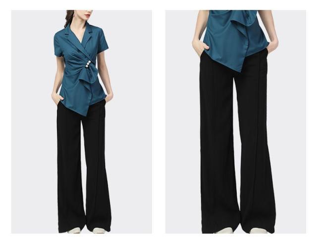 ブラウス トップス 襟付き 半袖 アシンメトリー パール ナチュラル