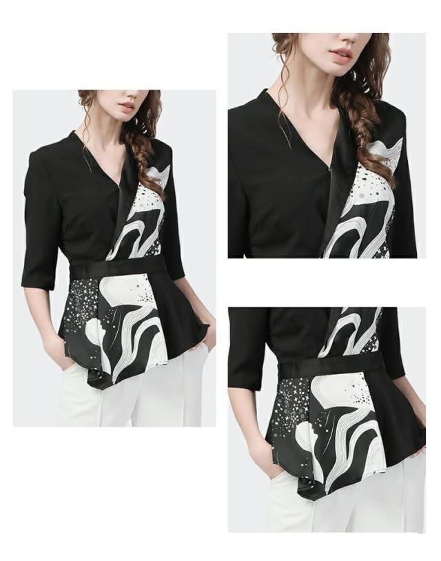 ブラウス トップス プリント柄 襟付き 5分袖 Vネック アシンメトリー モダン 細見え ドライブ デート 母親 フェミニン お出かけ ママ ブラウス トップス プリント柄 襟付き 5分袖 Vネック アシンメトリー