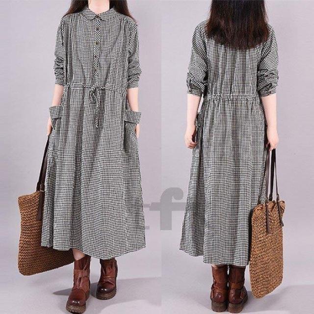 シャツワンピース ロングワンピース ロング丈 綿麻混ワンピース