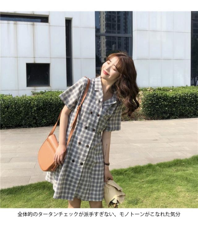 タータンチェック レディース ワンピース ショートワンピース 半袖 膝上丈ワンピース チェック柄 Vネック ダブルボタン ハイウエスト Aライン タータンチェック レディース ワンピース ショートワンピース 半袖 膝