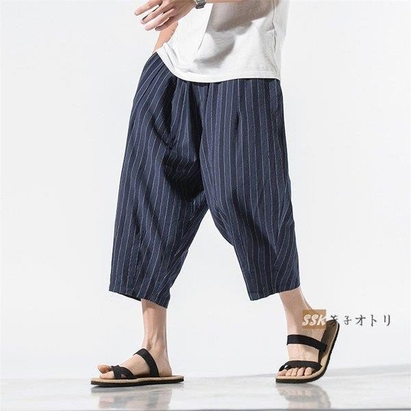 MOYURU センソユニコ ストライプ柄　サルエルパンツ イージーパンツ 麻ズボン サルエルパンツ メンズ 麻 ワイドパンツ イージーパンツ