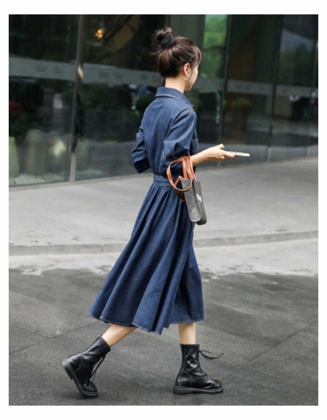 シャツワンピース ベルト フレア Aライン ミモレ丈 7分袖 ロング
