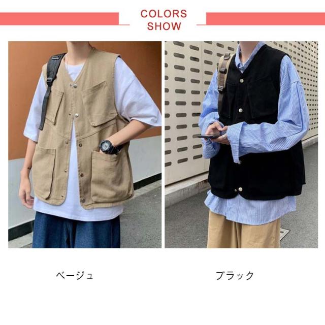 ベージュ ノースリーブベスト 2ポケット カジュアルベスト メンズ レディース アウトドア 春夏秋 ポケット