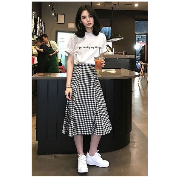 mark&lona 半袖トップス&スカート2点セット レディース 2点セット Tシャツ 半袖 ロゴ文字 ロングスカート チェック