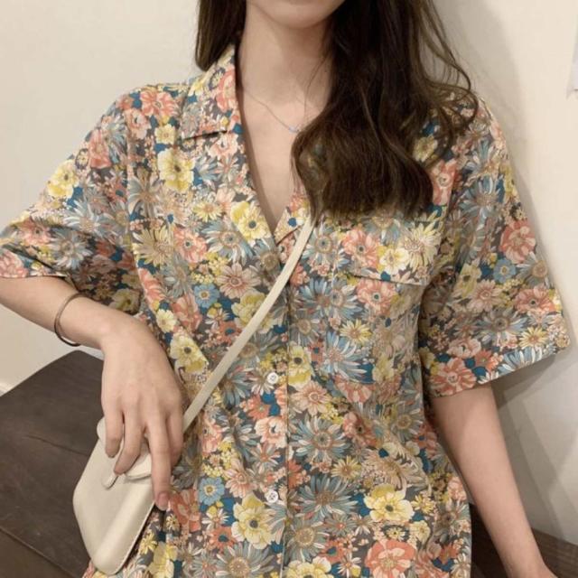 リバティプリント開襟シャツ レディース 半袖シャツ 小花柄