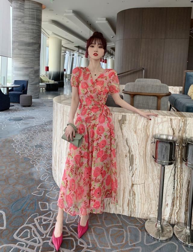 見つけた人ラッキー ドレス パーティードレス お花柄 パフスリーブ カシュクール ハイウエスト ロング丈 カラフル ロマンティック 甘め ママスタイル 定番 ゴ お買い求めしやすい価格 Www Iacymperu Org