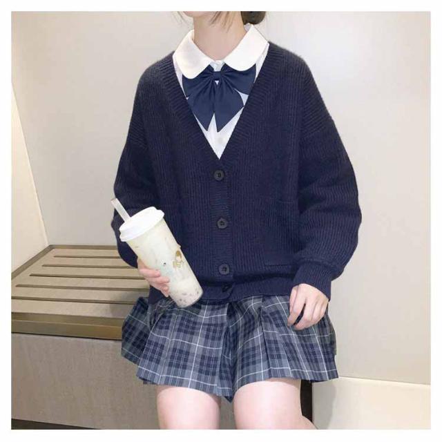 スクールカーディガン 女子 制服 ゆったり Vネック 前開き ニットカーディガン リブ編み 秋冬 春 羽織り スクールセーター 学生服 高校生 送料無料)スクールカーディガン 女子 制服 ゆったり Vネック 前