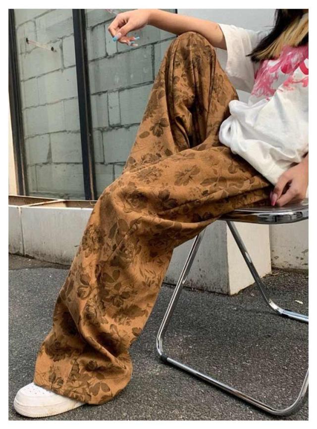 コーデュロイパンツ レディース メンズ 秋冬 ワイドパンツ 花柄 ロング 