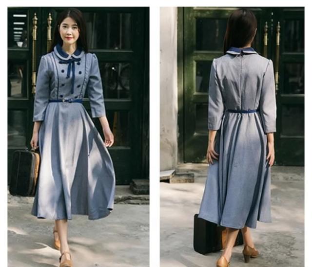 フレアワンピース　ロング　復古系ワンピース　リボン付きワンピース　Aラインワンピース　襟バイカラー　フォーマル　七分袖　大きいサ フレアワンピース ロング 復古系ワンピース リボン付きワンピース A