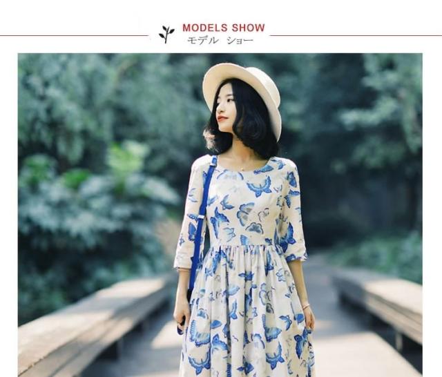 7分袖ワンピース　ミディアム丈フレアワンピース　レディース　膝丈　クルーネック　プリーツ　Aライン　vネック　蝶柄　バタフライ 7分袖ワンピース ミディアム丈フレアワンピース レディース 膝丈