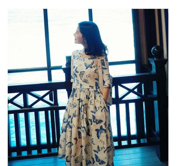 7分袖ワンピース ミディアム丈フレアワンピース レディース 膝丈