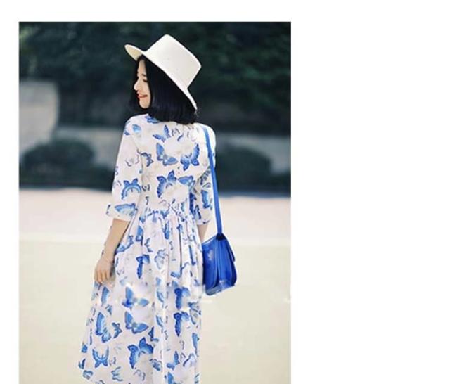 7分袖ワンピース ミディアム丈フレアワンピース レディース 膝丈