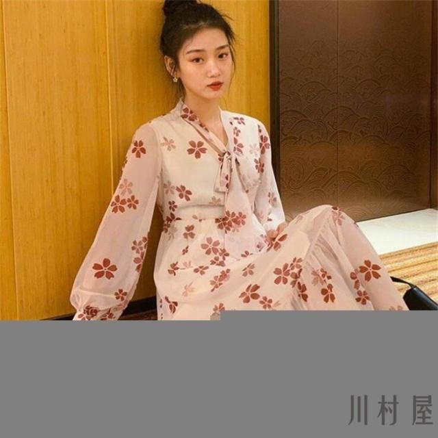 正規品 ロングワンピース レディース 春 シフォンワンピース 花柄 マキシワンピース ロング 長袖 リボン付き きれいめ 花柄ワンピース 40代 春ワ Expectation Arnabmobility Com