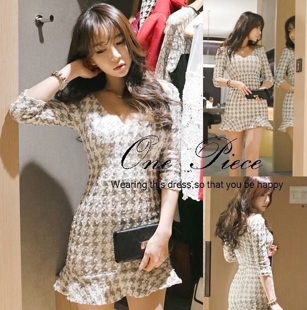 国内正規品 限定 7分袖ワンピース 千鳥格子ワンピース 千鳥格子柄ワンピース タイトワンピース 裾フレアワンピース ミニワンピース ミニ丈ワンピー ランキング入賞商品 Design Tours Com