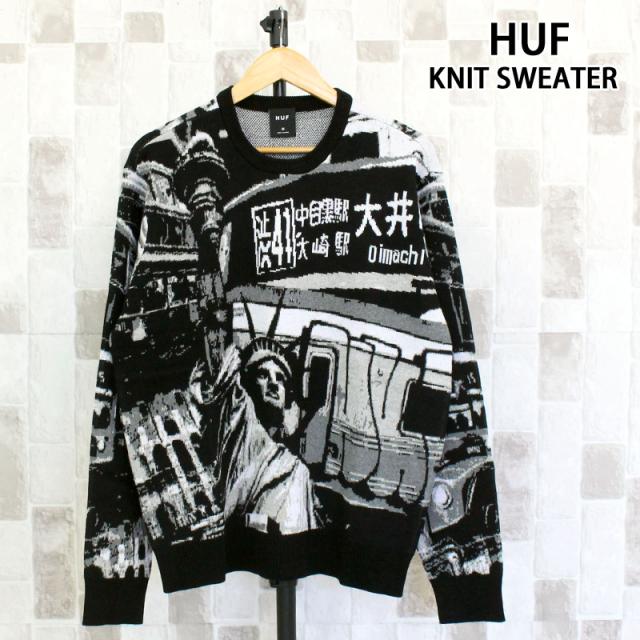 HUF ハフ ワールドワイドコミューターセーター WORLDWIDE COMMUTER SWEATER KN00558 ブラック 長袖 トップス クルーネック ジャガードニット コットン メンズ ストリート スケーター ブランド
