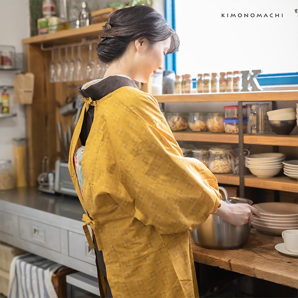 ロング丈 割烹着「からし色 絣風」日本製 オシャレ かわいい 綿割烹着 ロング割烹着 着物割烹着 エプロン プレゼント最適品 【送料無料】【メール便不可】