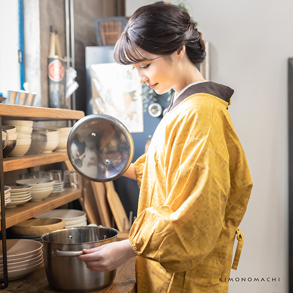 ロング丈 割烹着「からし色 絣風」日本製 オシャレ かわいい 綿割烹着 ロング割烹着 着物割烹着 エプロン プレゼント最適品 【送料無料】【メール便不可】
