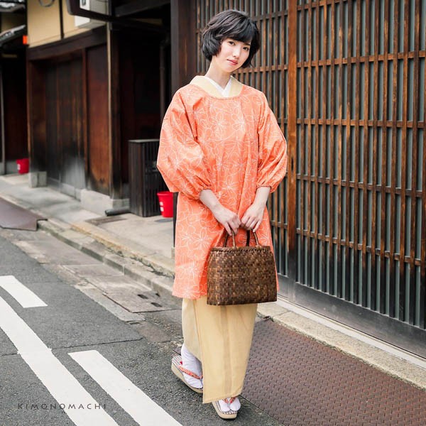 ロング丈 割烹着「オレンジピンク お花」日本製 オシャレ かわいい 綿割烹着 ロング割烹着 着物割烹着 エプロン プレゼント最適品 【送料無料】【メール便不可】