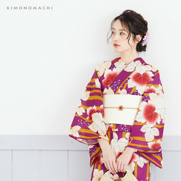 浴衣 レディース 単品 「紫色 葡萄蔦」 S F TL LL サイズ KIMONOMACHI 京都きもの町 オリジナル レトロ モダン かわいい 大人柄 変わり織り綿 女性浴衣単品 女浴衣 ゆかた yukata 【メール便不可】