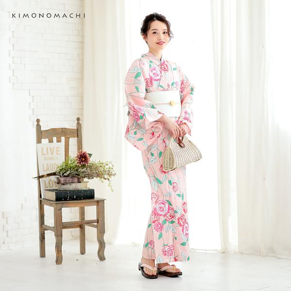 浴衣 レディース 単品 「ピンク 薔薇」 S F TL LL サイズ KIMONOMACHI 京都きもの町 オリジナル レトロ モダン かわいい 大人柄 変わり織り綿 女性浴衣単品 女浴衣 ゆかた yukata 【メール便不可】