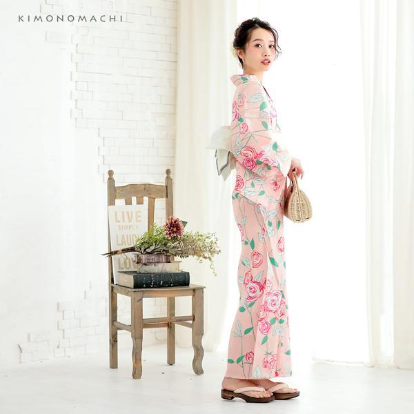 浴衣 レディース 単品 「ピンク 薔薇」 S F TL LL サイズ KIMONOMACHI 京都きもの町 オリジナル レトロ モダン かわいい 大人柄 変わり織り綿 女性浴衣単品 女浴衣 ゆかた yukata 【メール便不可】