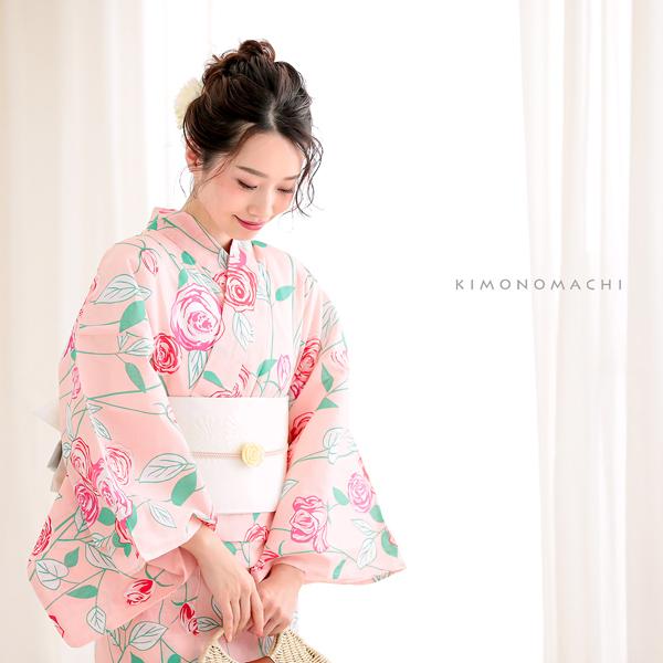 浴衣 レディース 単品 「ピンク 薔薇」 S F TL LL サイズ KIMONOMACHI 京都きもの町 オリジナル レトロ モダン かわいい 大人柄 変わり織り綿 女性浴衣単品 女浴衣 ゆかた yukata 【メール便不可】
